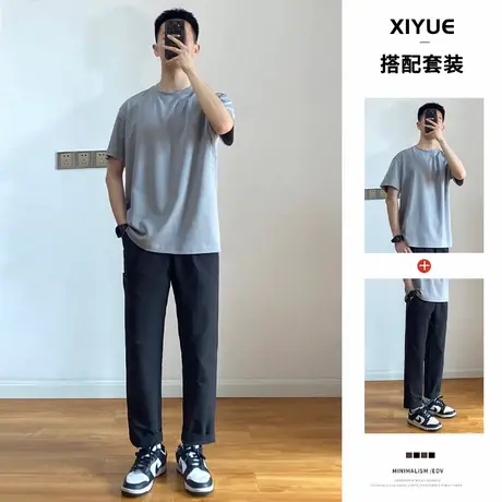 小红书薄款男士套装2025夏季新款冰丝凉感短袖T恤简约纯色休闲裤图片