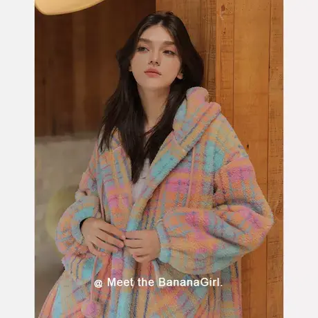 Bananagirl睡衣女套冬季新款加厚保暖大码格子家居服可外穿睡袍套商品大图