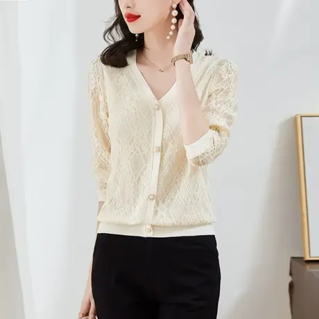 2023新款秋装高端别致V领蕾丝衫女长袖精致时尚女士上衣百搭外套图片