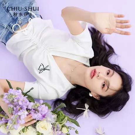 【晶晶姐妹专属】秋水伊人法式复古T恤2022夏女V领刺绣短款上衣女商品大图