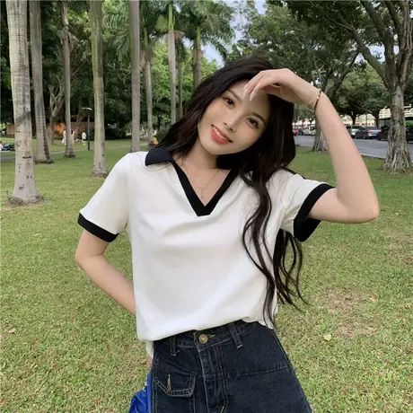 纯欲甜辣妹v领polo衫短袖t恤女ins潮设计感小众不规则短款上衣夏图片