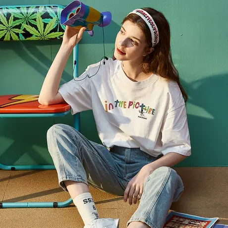 【史努比联名】唐狮夏季新款刺绣短袖T恤女白色圆领纯棉休闲TA图片