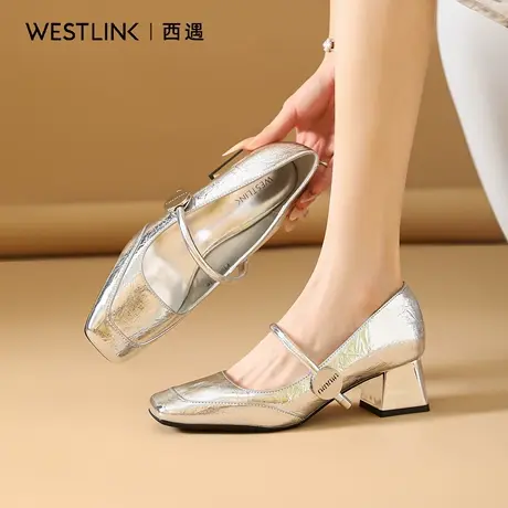 西遇银色气质玛丽珍鞋女2025秋季新款一字带单鞋配裙绝美高跟鞋A图片