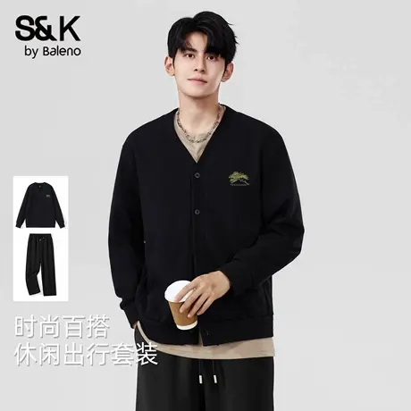 班尼路S&K休闲套装男2025新款简约基础款V领外套宽松休闲裤两件套图片