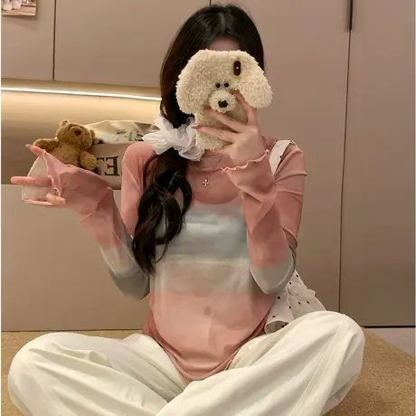 美式复古晕染长袖防晒t恤女夏季新款小众气质高级感薄款空调上衣图片