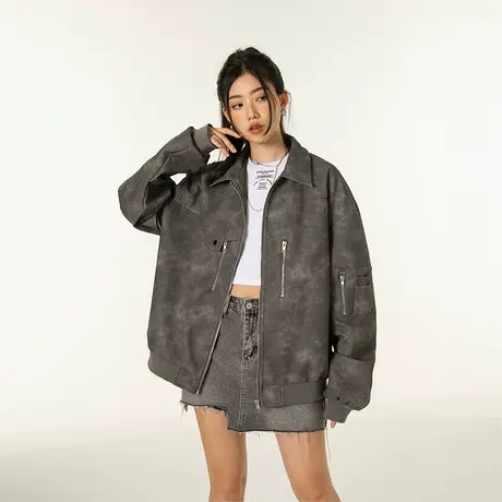 YEP机车风外套女PU皮春秋2023新款街头潮牌复古夹克设计感上衣ins商品大图
