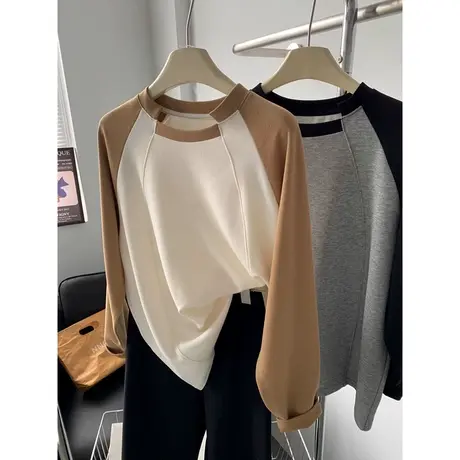 撞色插肩长袖圆领卫衣女秋装百搭宽松显瘦复古chic港味外穿上衣潮商品大图
