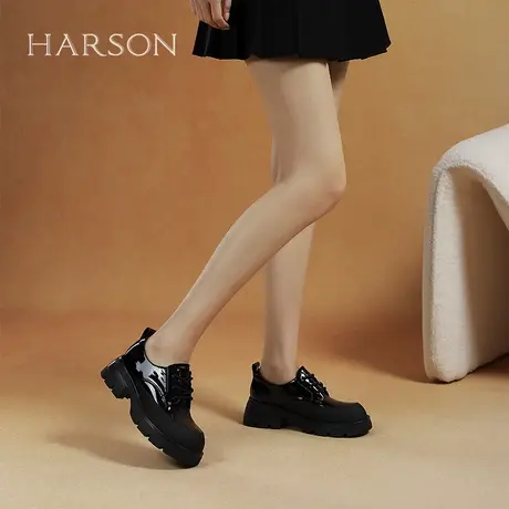 哈森通勤乐福鞋女春季新款漆皮亮面粗跟系带深口单鞋HS252510商品大图
