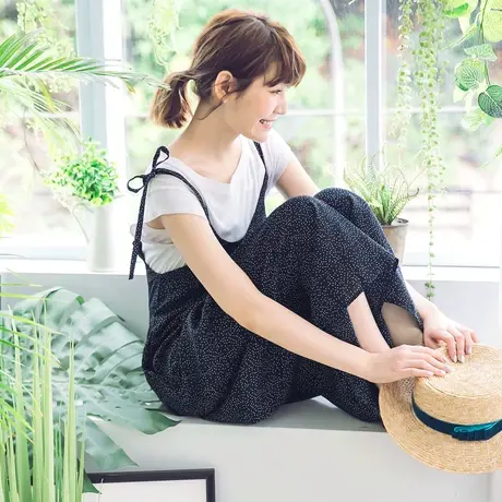 桔熊夏季复古吊带连体裤裙蓝色宽松遮肉连身长裤子女装大码BA4281图片