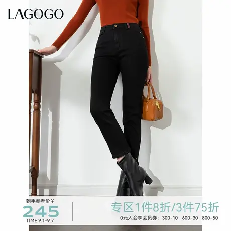 不易褪色LAGOGO黑色高腰牛仔裤女拉谷谷2025年冬季新款加绒九分裤图片