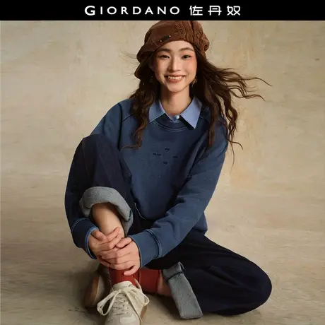 设计师款佐丹奴水洗卫衣女新款纯棉刺绣宽松圆领插肩上衣18325923商品大图