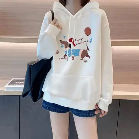 腊肠小狗白色连帽重磅卫衣女装卡通印花百搭宽松大码中长款外套服商品大图