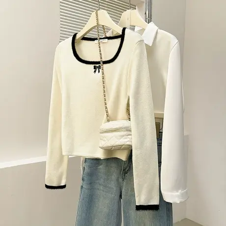 唐狮秋季毛衣女u型领蝴蝶结软糯撞色边套头针织衫女春秋外穿instu商品大图