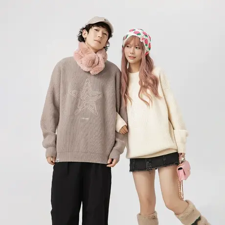 设计感纯色圆领毛衣女秋冬2023新款潮牌情侣装复古宽松针织衫外套商品大图