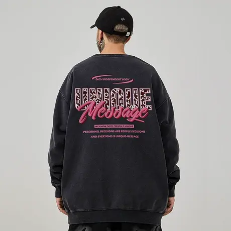 美式字母重磅圆领大码男装嘻哈加肥加大潮牌胖子加绒卫衣春秋冬季商品大图