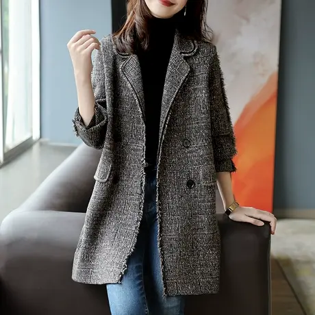 宝诗黎双排扣中长款西装外套2023新款早秋女显瘦气质加厚毛呢大衣商品大图