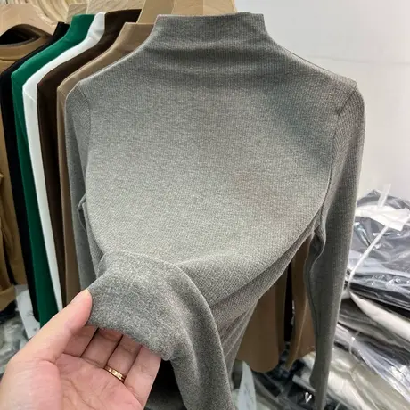 气质半高领加薄绒坑条显瘦长袖T恤女2023秋冬新款内搭打底衫上衣商品大图