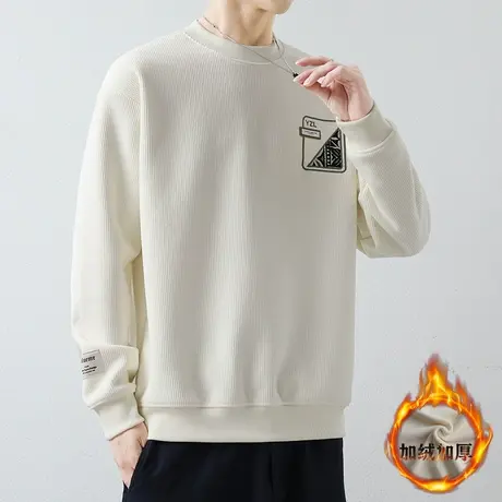 加绒加厚卫衣男秋冬款打底衫潮牌刺绣圆领长袖t恤男内搭保暖秋衣T商品大图