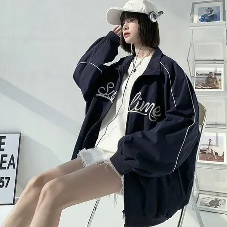 唐狮棒球服外套女装新款春秋学院风黑色夹克宽松休闲百搭上衣美式商品大图
