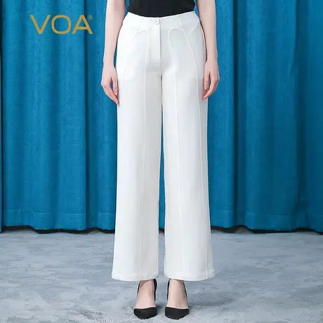 VOA真丝重磅60姆米长空流纱白自然腰一粒扣垂坠直筒桑蚕丝长裤女图片