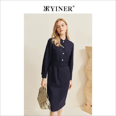YINER音儿女装冬季长袖立领收腰衬衫羊毛针织连衣裙图片
