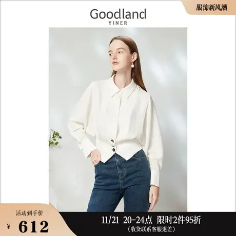 Goodland美地女装2023春季设计感聚酯纤维仿醋酸拼料衬衫上商品大图
