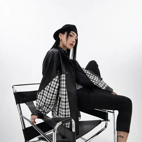 复古拼接格子小香风外套女春秋2023新款ins潮牌宽松oversize夹克图片