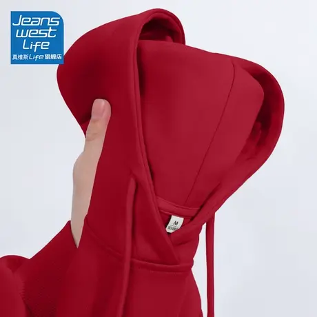 真维斯LIFE红色加绒卫衣女秋冬款本命年龙年衣服加厚连帽外套潮C图片