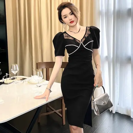 法式名媛风收腰显瘦高级感开叉包臀连衣裙新款气质轻奢减龄小黑裙商品大图