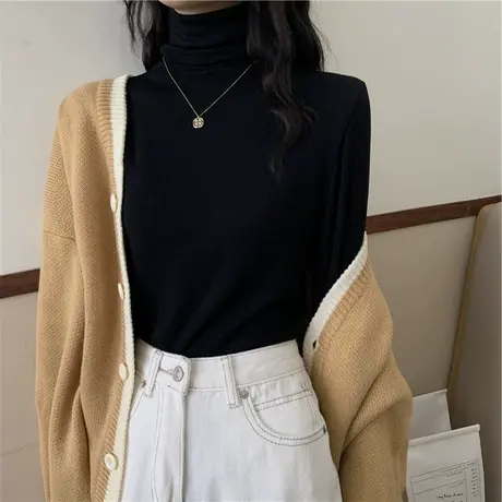 2023春秋冬季新款内搭白色加绒打底衫高领洋气黑色德绒长袖t恤女图片