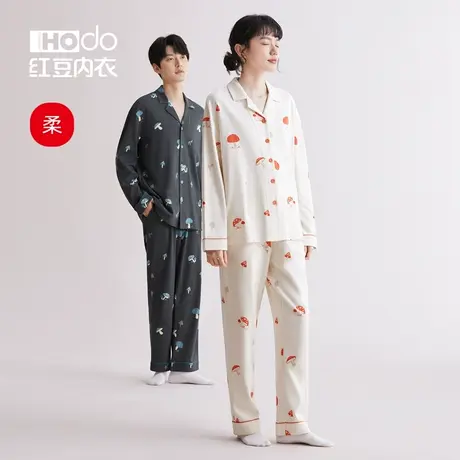 红豆情侣睡衣纯棉长袖春秋款开襟可外穿居家休闲男女士家居服套装商品大图