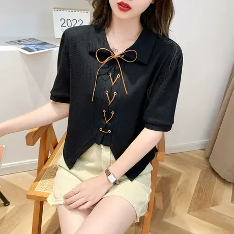图片 绑带设计感衬衫T恤女2023夏季新款polo领短袖上衣半袖体商品大图