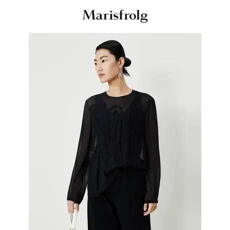 【6A级桑蚕丝】玛丝菲尔2023年夏季新款黑色圆领真丝宽松T恤上衣商品大图