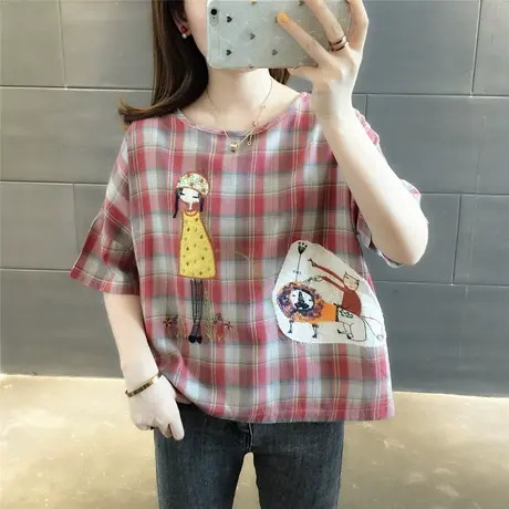 女装夏季宽松2023夏装新款韩版百搭格子卡通刺绣短袖T恤上衣女潮图片
