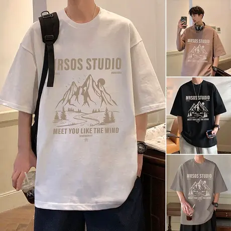港风纯棉短袖T恤男夏季ins潮牌2024新款男装宽松体恤复古打底上衣商品大图