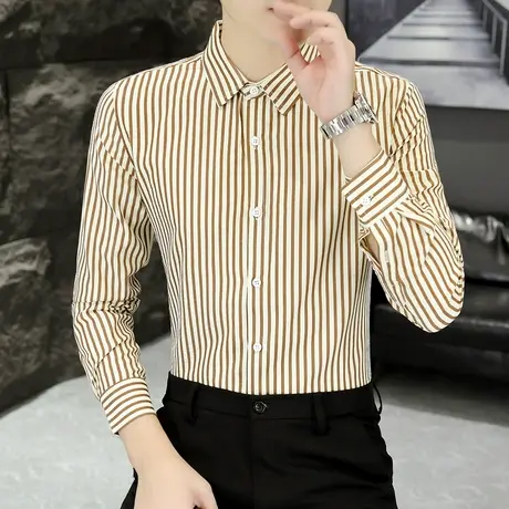 春秋季男士竖条纹长袖衬衫新款潮流休闲百搭免烫衬衣痞帅男装寸衫图片