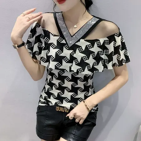 网纱拼接荷叶边T恤女短袖千鸟格印花性感镂空V领上衣洋气紧身小衫商品大图