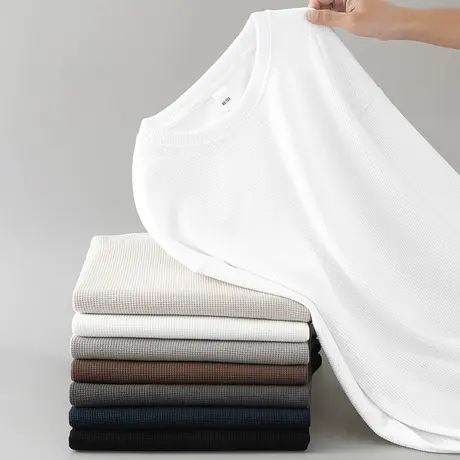 华夫格卫衣男2024新款秋冬保暖加绒加厚纯色白色无帽圆领长袖t恤商品大图