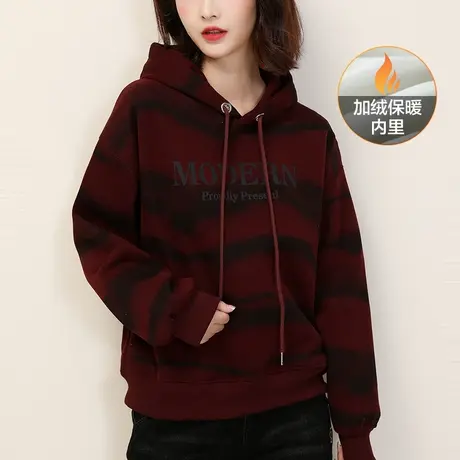 韩潮袭人美式复古连帽印花加绒卫衣女2023栋新款休闲条纹上衣图片