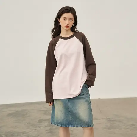 omont蛋挞家 撞色插肩袖T恤女2023秋季新款圆领宽松休闲长袖上衣商品大图