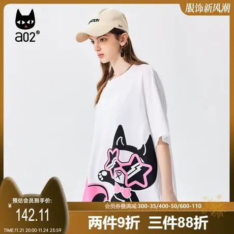 【趣玩】a02卡通猫咪印花T恤2025夏季潮流宽松中长款遮肉显瘦短袖商品大图