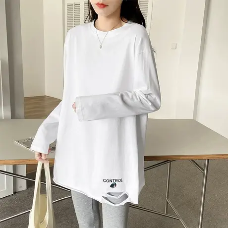 纯白色T恤女下摆破洞纯棉宽松内搭2022春季新款韩版百搭刺绣上衣图片