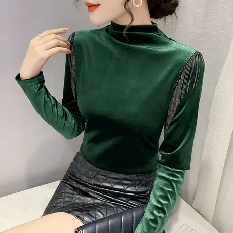 女装2024新款潮时尚流苏长袖T恤修身金丝绒上衣百搭打底衫女春秋商品大图