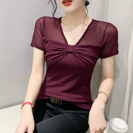 性感网纱上衣女短袖2024夏装新款欧货蝴蝶结V领T恤百搭修身小衫潮图片