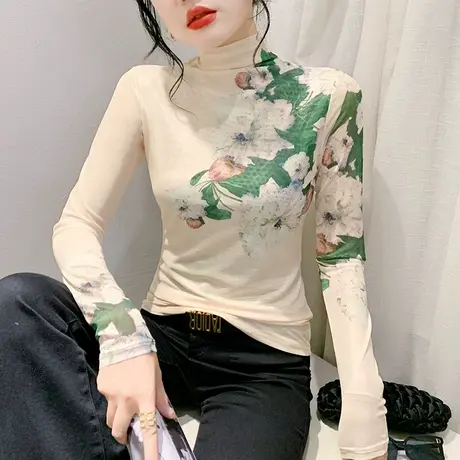 加绒加厚高领网纱T恤女长袖性感扎染印花打底衫洋气修身减龄上衣商品大图