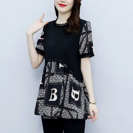 大码t恤女夏短袖2023新款中长款洋气雪纺上衣遮肚子胖mm显瘦藏肉图片