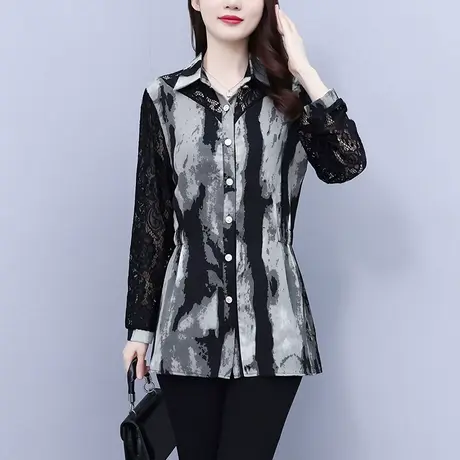 2023秋装新款大码蕾丝拼接宽松遮肚显瘦时尚洋气漂亮衬衫女中长款图片