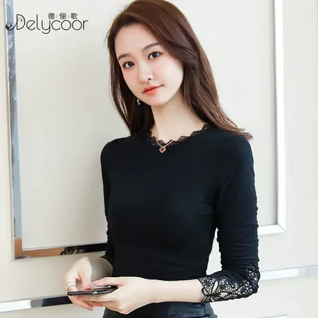 莫代尔打底衫女秋冬薄款半高领蕾丝领上衣修身黑色百搭显瘦小衫潮商品大图