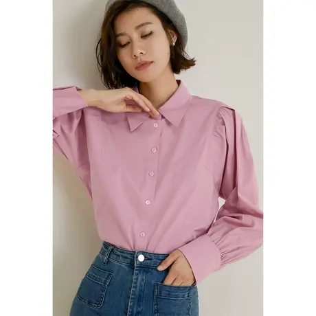 弥古粉色正肩泡泡袖衬衫女上衣高级感叠穿内搭法式白衬衣春款女装商品大图