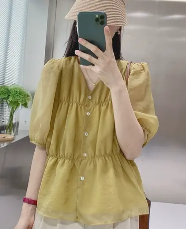 泡泡袖衬衫女夏2023设计感小众衬衣甜美上衣时尚百搭气质v领褶皱商品大图